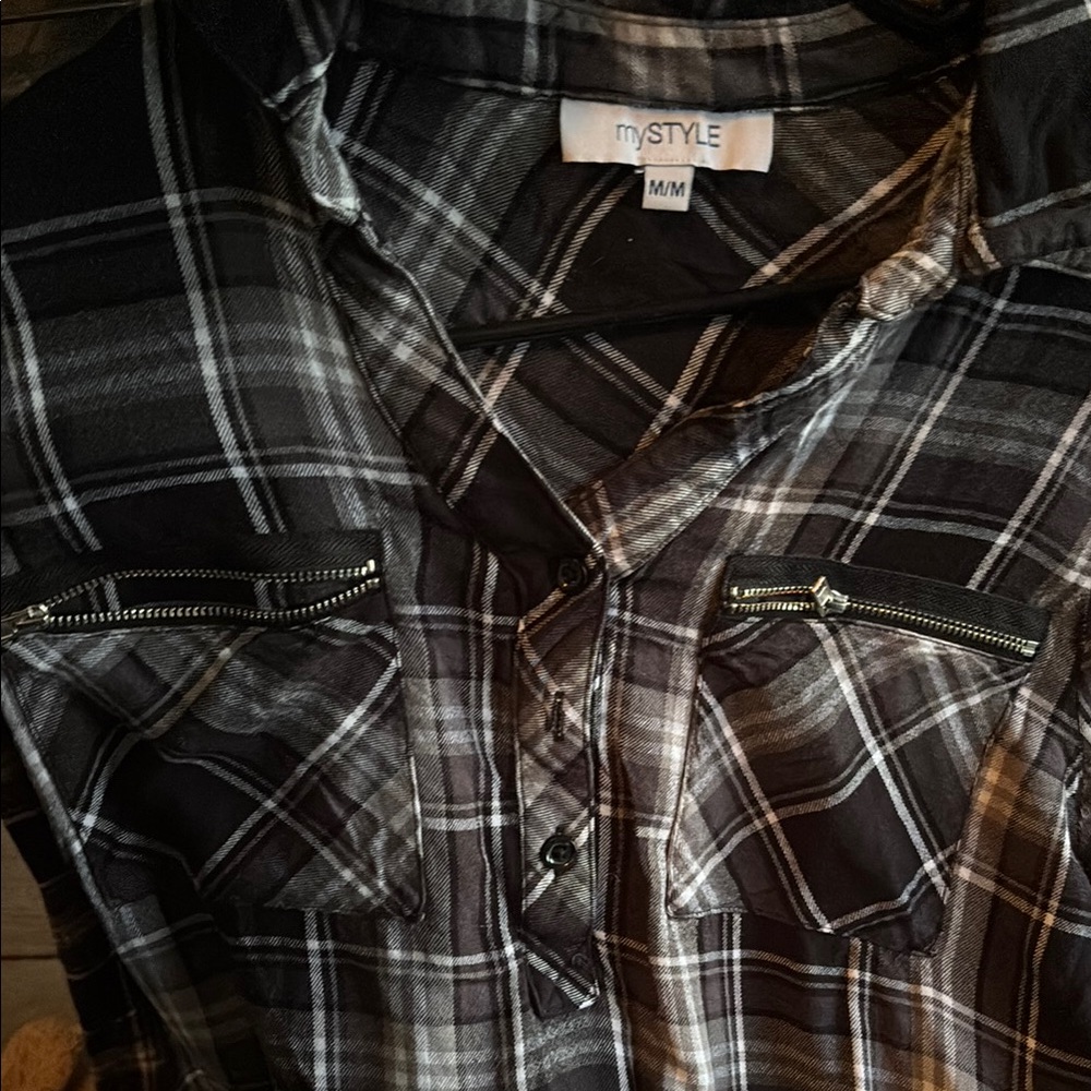 Black and Gray Plaid Shirt with Zipper Pockets